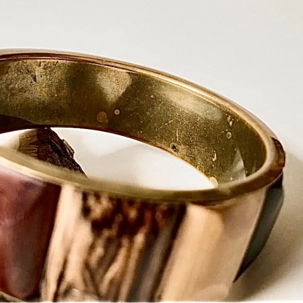 Beautiful Vintage Rustic Carved Wood Rectangle Panel Wide Brass Bangle Bracelet